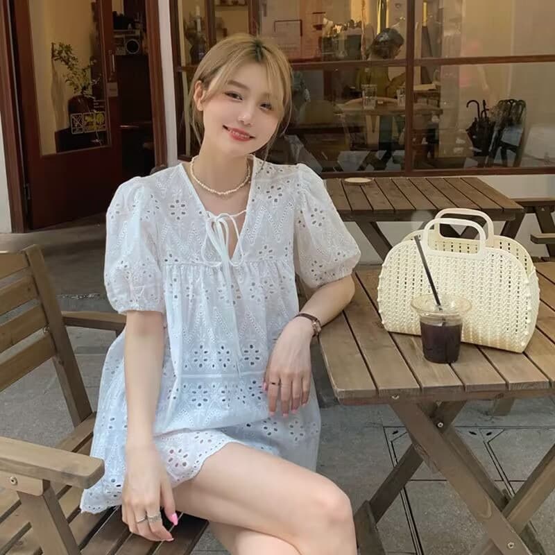 있음 선적 한국 chic 여름 한국 홀로우 아웃 루즈핏 인형 셔츠 자수 레이스 셔츠 화이트 면 린넨 셔츠 이미지 2