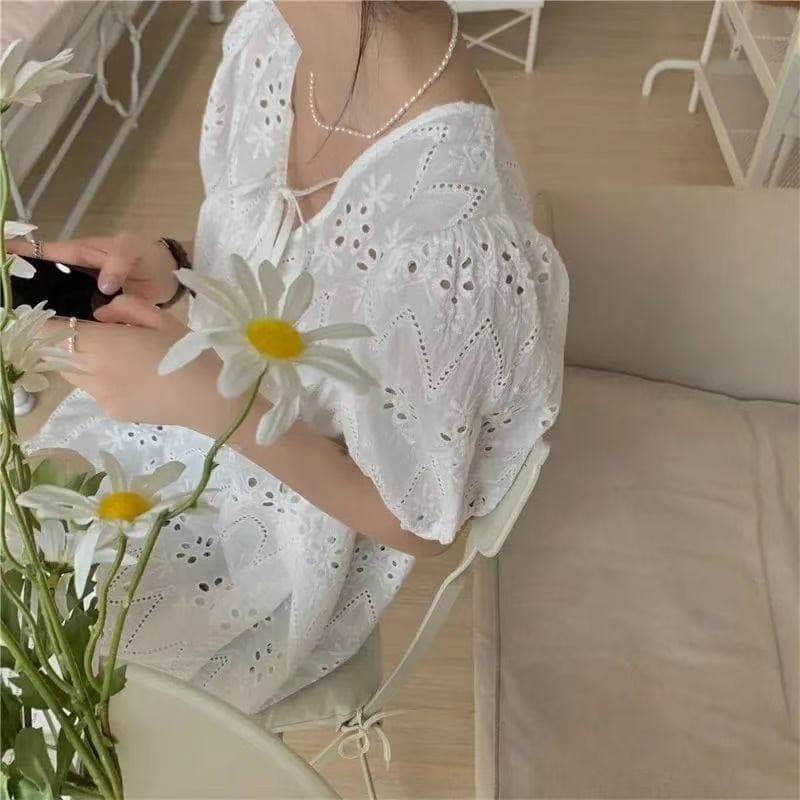 있음 선적 한국 chic 여름 한국 홀로우 아웃 루즈핏 인형 셔츠 자수 레이스 셔츠 화이트 면 린넨 셔츠 이미지 3