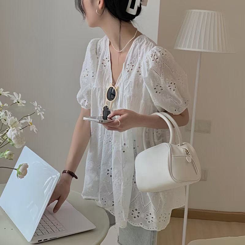 있음 선적 한국 chic 여름 한국 홀로우 아웃 루즈핏 인형 셔츠 자수 레이스 셔츠 화이트 면 린넨 셔츠 상세 이미지 1