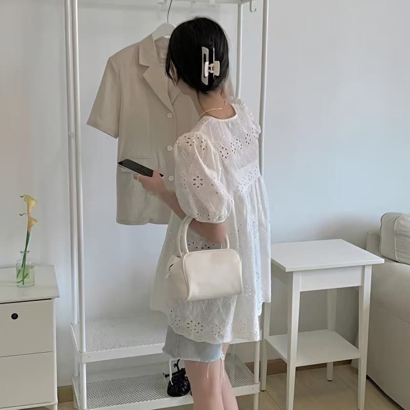 있음 선적 한국 chic 여름 한국 홀로우 아웃 루즈핏 인형 셔츠 자수 레이스 셔츠 화이트 면 린넨 셔츠 상세 이미지 3
