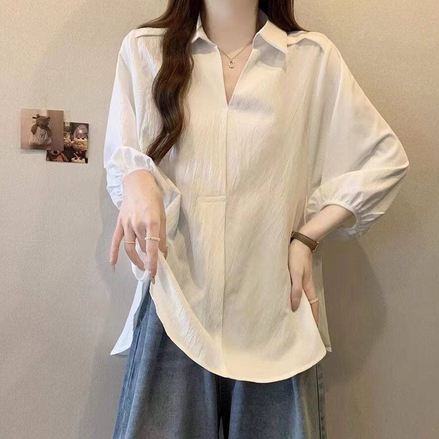 새로운 항구 바람 흰 셔츠 여름 빅 사이즈 mm 슬림해 보이는 표지 배 숨기기 고기 셔츠 디자인 루즈핏 7부 소매 맨위 여성 이미지 3