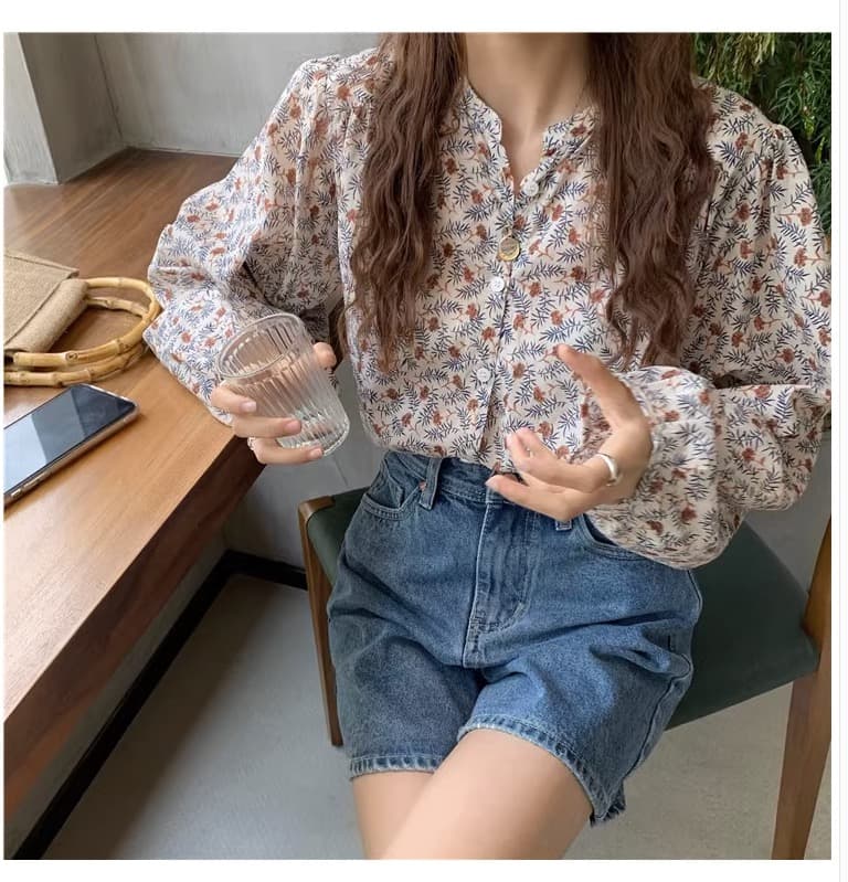 프랑스식 낭만주의 레트로 꽃 케이스 셔츠 여성 ins 슈퍼 요정 부드러운 바람 달콤함 V넥 루즈핏 꽃무늬 쉬폰 블라우스 상세 이미지 2