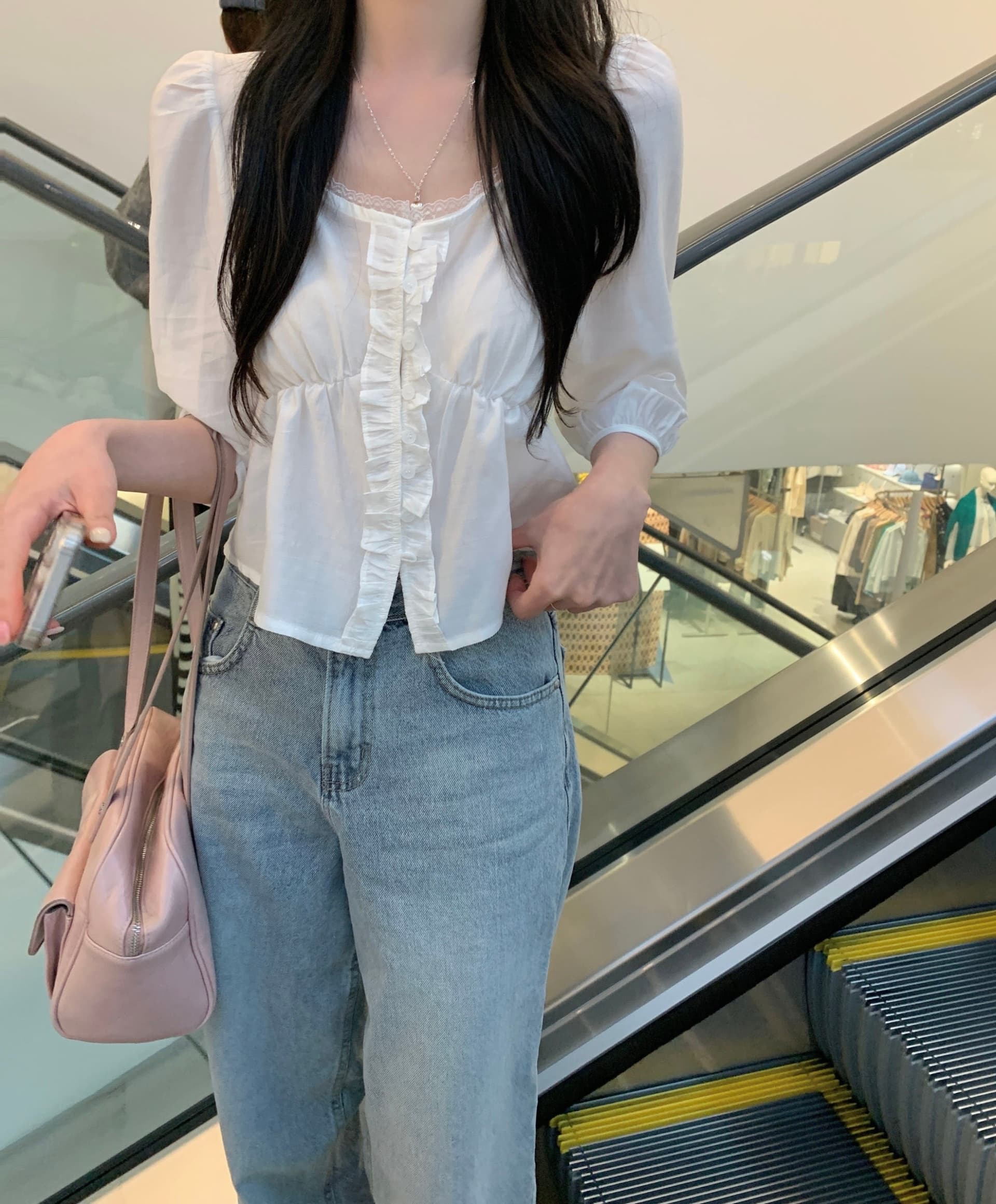 chic 한 부서 여름 프랑스식 부드러운 목이버섯 레이스 레이스 버블 7부 소매 Chic 다용도 셔츠 맨위 이미지 2