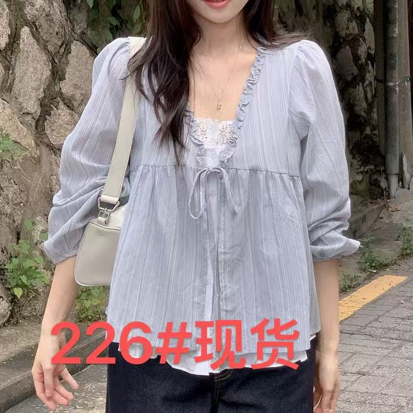 한 부서 봄 달콤함 페이크 레이어드 긴팔 프릴 긴팔 스트라이프 맨위 여성 루즈핏 슬림해 보이는 다용도 인형 셔츠