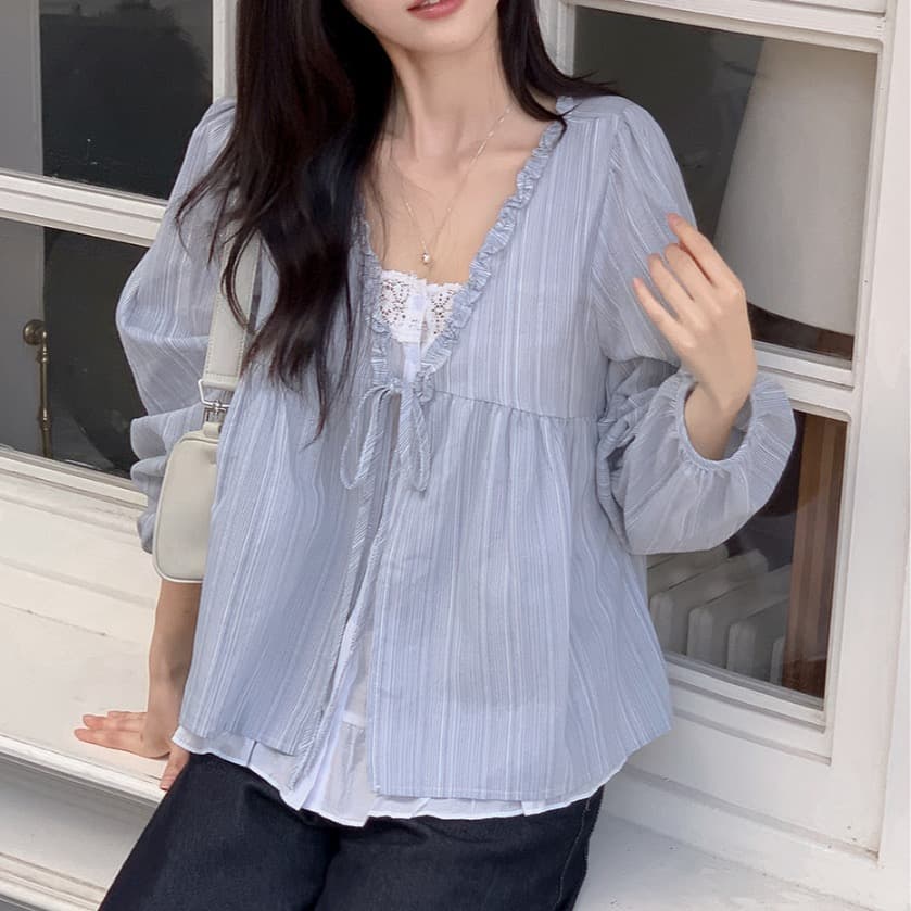 한 부서 봄 달콤함 페이크 레이어드 긴팔 프릴 긴팔 스트라이프 맨위 여성 루즈핏 슬림해 보이는 다용도 인형 셔츠 상세 이미지 3