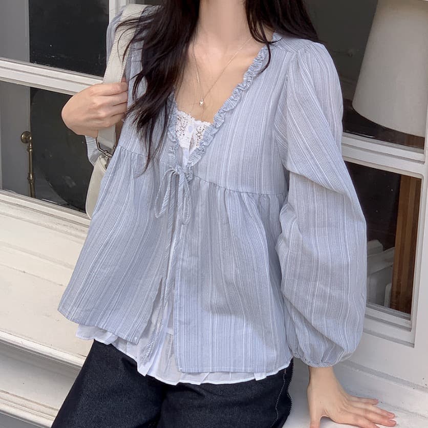 한 부서 봄 달콤함 페이크 레이어드 긴팔 프릴 긴팔 스트라이프 맨위 여성 루즈핏 슬림해 보이는 다용도 인형 셔츠 상세 이미지 4