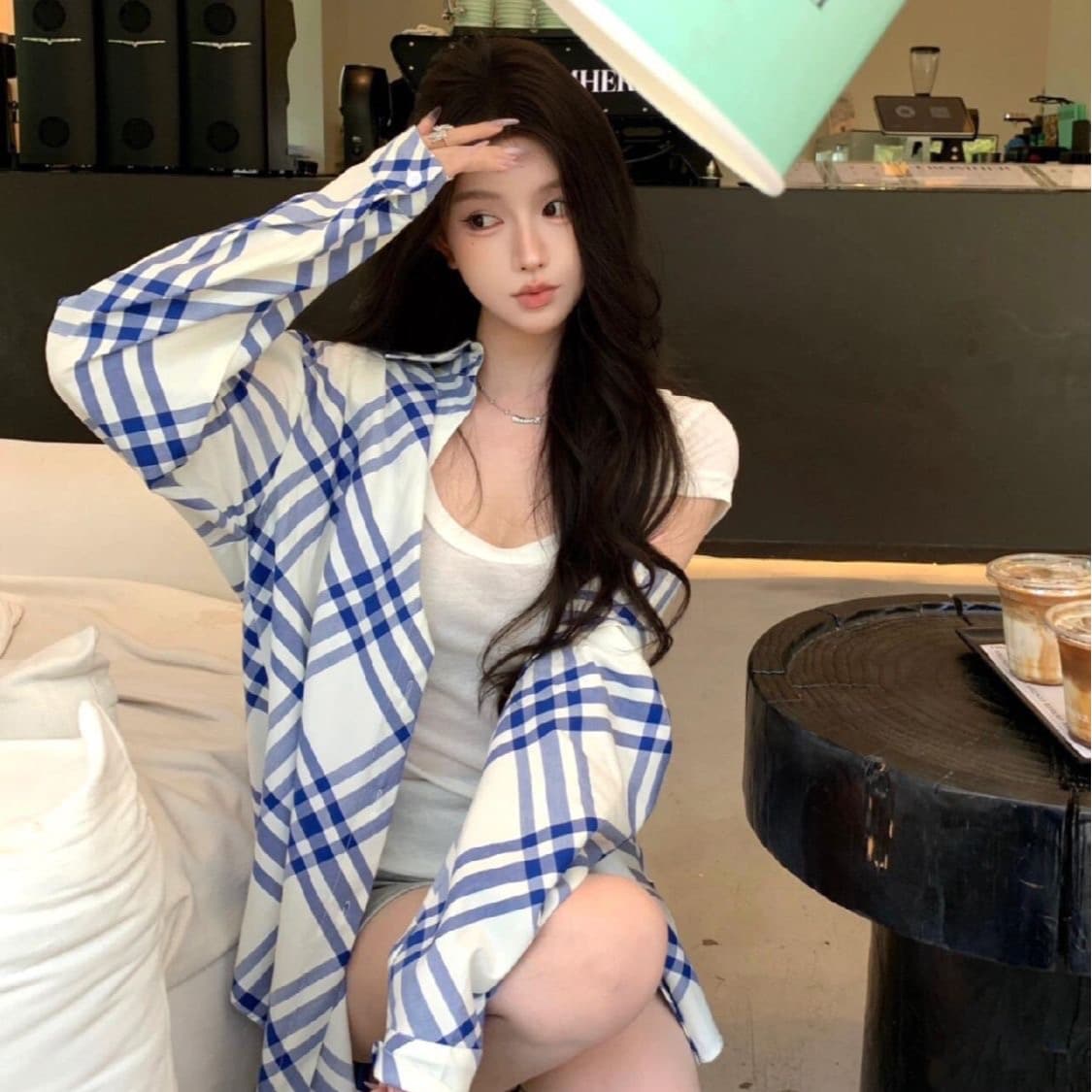 새로운 품격 다용도 블루 화이트 그리드 블루 화이트 스트라이프 긴팔 셔츠 재킷 루즈핏 캐주얼 자외선 차단 맨위 오픈 가디건 여성 이미지 5