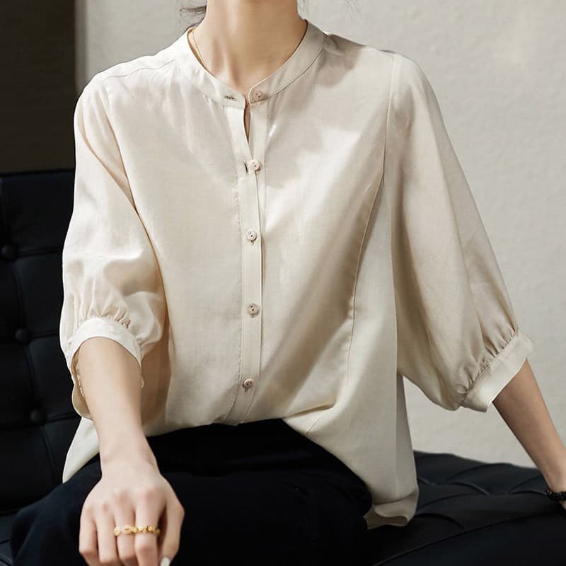 2026 여름 새로운 출퇴근 가벼움 통기성 라운드 넥 5 점 소매 여성 셔츠 루즈핏 디자인 센스 맨위 상세 이미지 2
