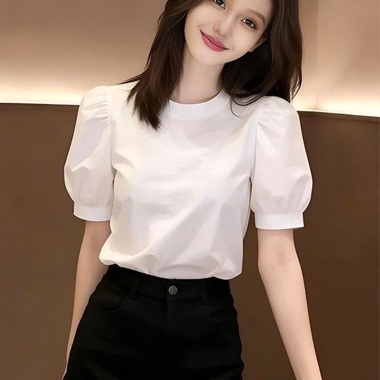 화이트 프랑스식 반팔 여성 셔츠 여름 섹션 2026 년 새로운 작은 키 외국 가스 연령 감소 거품 소매 라운드 넥 맨위