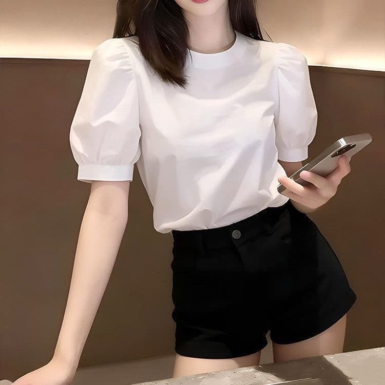화이트 프랑스식 반팔 여성 셔츠 여름 섹션 2026 년 새로운 작은 키 외국 가스 연령 감소 거품 소매 라운드 넥 맨위 이미지 3