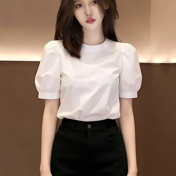 화이트 프랑스식 반팔 여성 셔츠 여름 섹션 2026 년 새로운 작은 키 외국 가스 연령 감소 거품 소매 라운드 넥 맨위 이미지 2