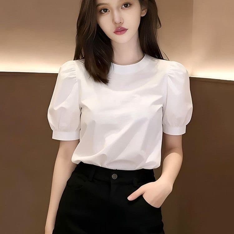 화이트 프랑스식 반팔 여성 셔츠 여름 섹션 2026 년 새로운 작은 키 외국 가스 연령 감소 거품 소매 라운드 넥 맨위 이미지 4