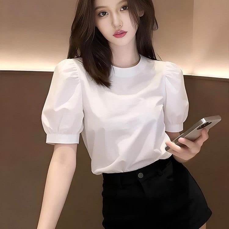 화이트 프랑스식 반팔 여성 셔츠 여름 섹션 2026 년 새로운 작은 키 외국 가스 연령 감소 거품 소매 라운드 넥 맨위 상세 이미지 5
