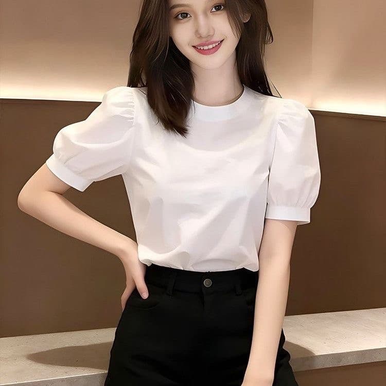 화이트 프랑스식 반팔 여성 셔츠 여름 섹션 2026 년 새로운 작은 키 외국 가스 연령 감소 거품 소매 라운드 넥 맨위 상세 이미지 6