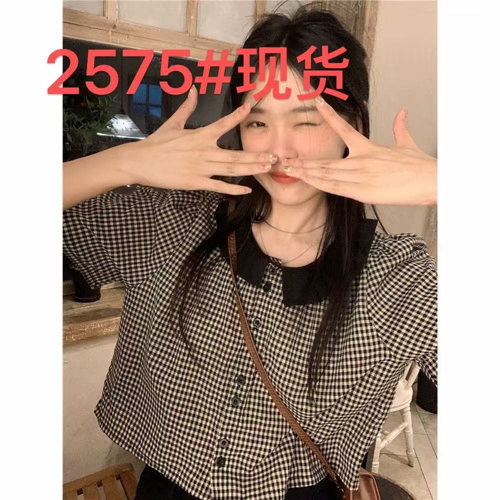 2026 여름 레트로 품격 체크무늬 셔츠 베이비 칼라 프릴 연령 감소 쇼트 스타일 셔츠 슬림해 보이는 반팔 맨위