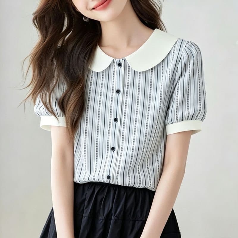 베이비 칼라 스트라이프 반팔 여성 셔츠 2026 여름 새로운 패션 디자인 센스 작은 대중 달콤함 연령 감소 셔츠 이미지 5