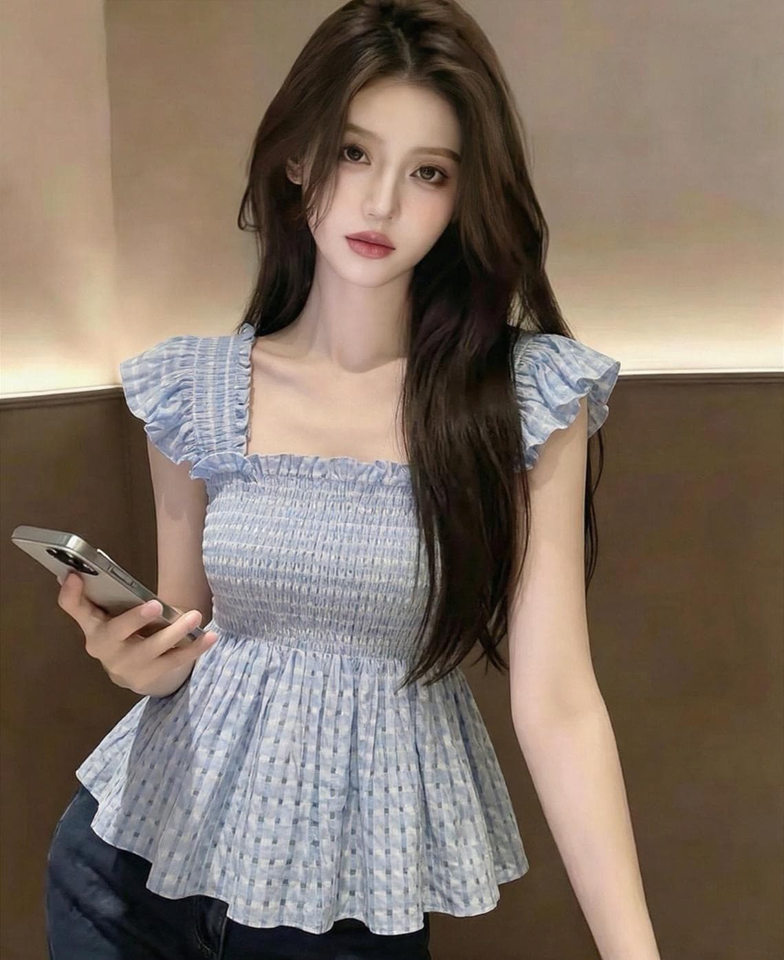 여름 프랑스식 고유 한 슈퍼 잘 생긴 광장 칼라 맨위 작은 대중 디자인 센스 외국 가스 연령 감소 파란색 작은 날다 소매 여성 셔츠