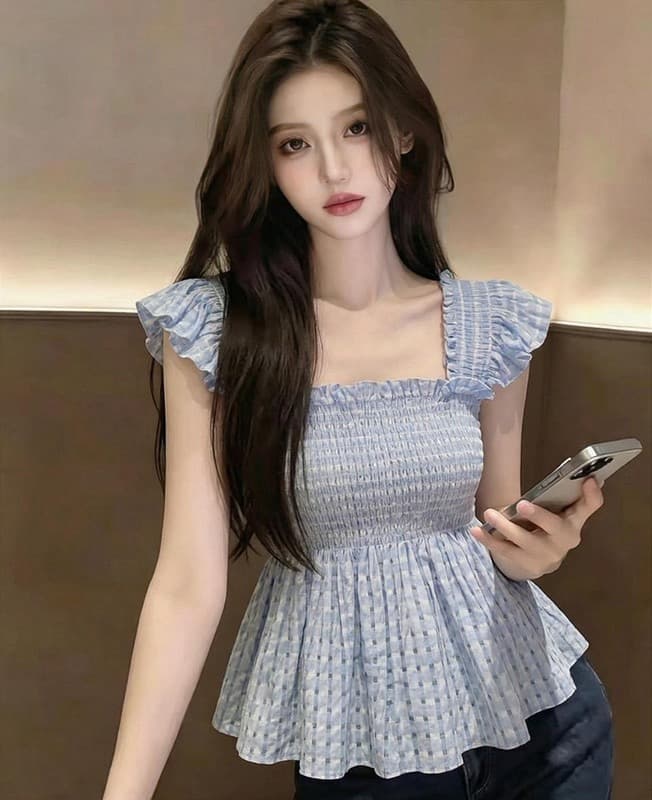 여름 프랑스식 고유 한 슈퍼 잘 생긴 광장 칼라 맨위 작은 대중 디자인 센스 외국 가스 연령 감소 파란색 작은 날다 소매 여성 셔츠 상세 이미지 4