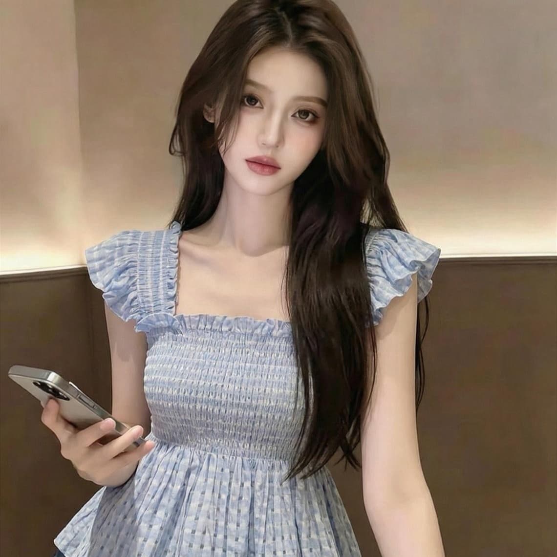 여름 프랑스식 고유 한 슈퍼 잘 생긴 광장 칼라 맨위 작은 대중 디자인 센스 외국 가스 연령 감소 파란색 작은 날다 소매 여성 셔츠 상세 이미지 5