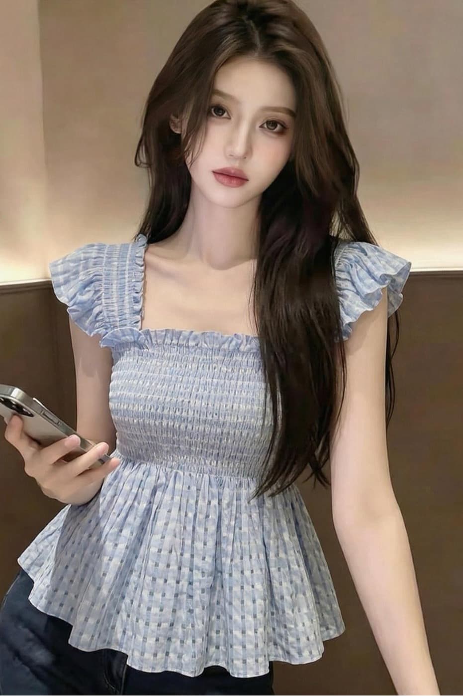 여름 프랑스식 고유 한 슈퍼 잘 생긴 광장 칼라 맨위 작은 대중 디자인 센스 외국 가스 연령 감소 파란색 작은 날다 소매 여성 셔츠 상세 이미지 6