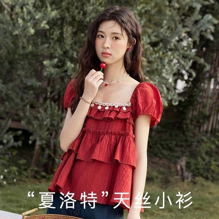광장 칼라 주간 실크 작은 셔츠 여성 2026 여름 새로운 케이크 리본 슬림해 보이는 셔츠 맨위 여성 상세 이미지 1