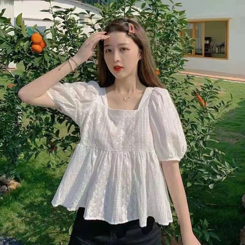 매우 요정 ~ 중 맨위 작은 청신 광장 칼라 쉬폰 셔츠 여름 작은 키 거품 소매 슈퍼 요정 인형 셔츠 여성 여름 상세 이미지 3