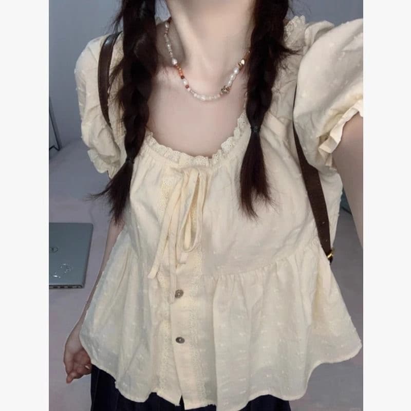 프랑스식 달콤한 스타일 레이스 측면 반팔 여성 셔츠 여름 고유 한 Chic 거품 소매 인형 셔츠 광장 칼라 맨위 상세 이미지 4