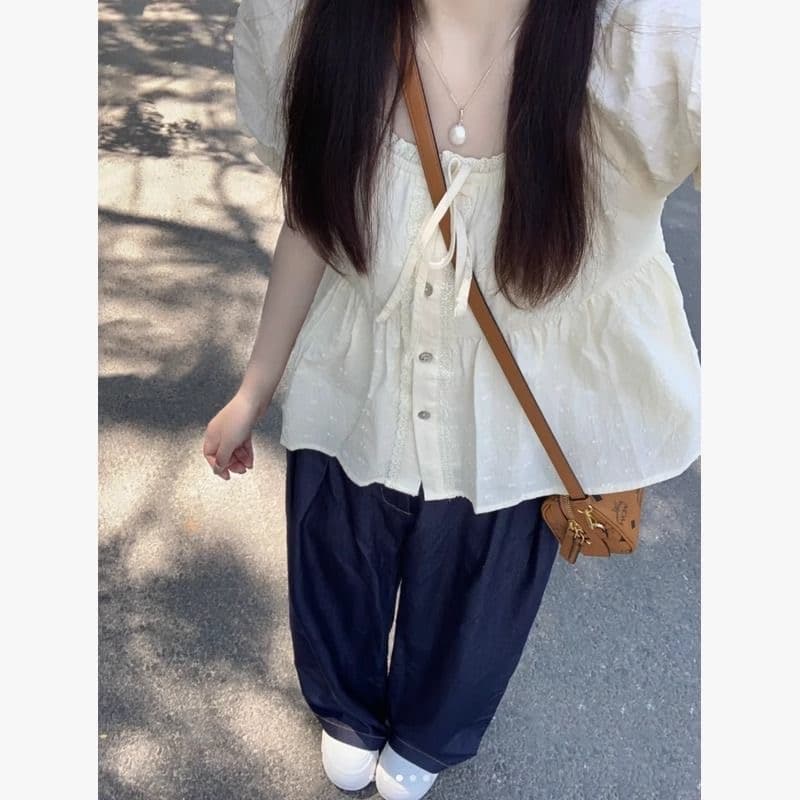 프랑스식 달콤한 스타일 레이스 측면 반팔 여성 셔츠 여름 고유 한 Chic 거품 소매 인형 셔츠 광장 칼라 맨위 상세 이미지 6