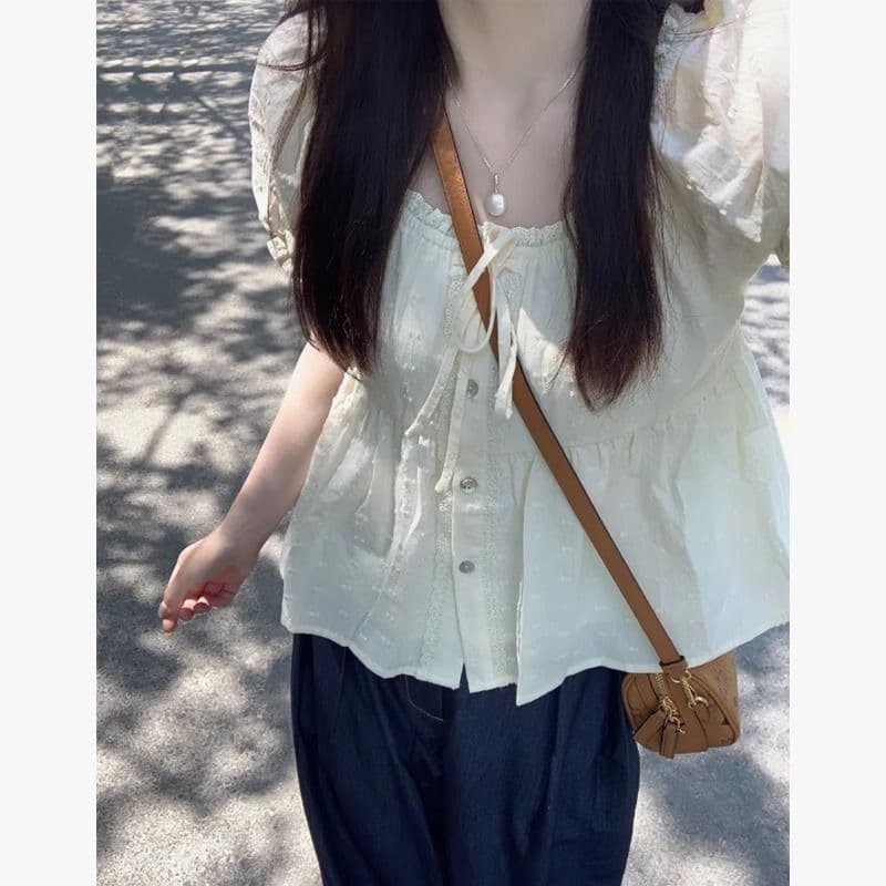 프랑스식 달콤한 스타일 레이스 측면 반팔 여성 셔츠 여름 고유 한 Chic 거품 소매 인형 셔츠 광장 칼라 맨위 상세 이미지 8