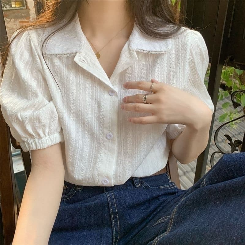순면 레이스 레이스 반팔 셔츠 여름 작은 키 달콤함 인형 디자인 품격 오픈 가디건 화이트 맨위 상세 이미지 5