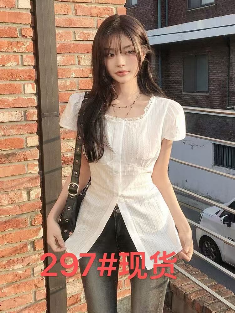 한국 동대문 2026 새로운 한국 chic 여름 분기 별 칼라 여성 셔츠 레이스업 허리 수축 작은 셔츠 맨위
