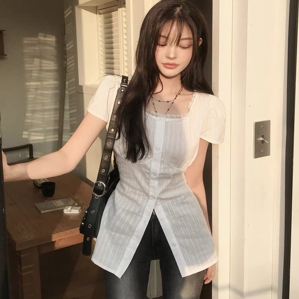 한국 동대문 2026 새로운 한국 chic 여름 분기 별 칼라 여성 셔츠 레이스업 허리 수축 작은 셔츠 맨위 이미지 2