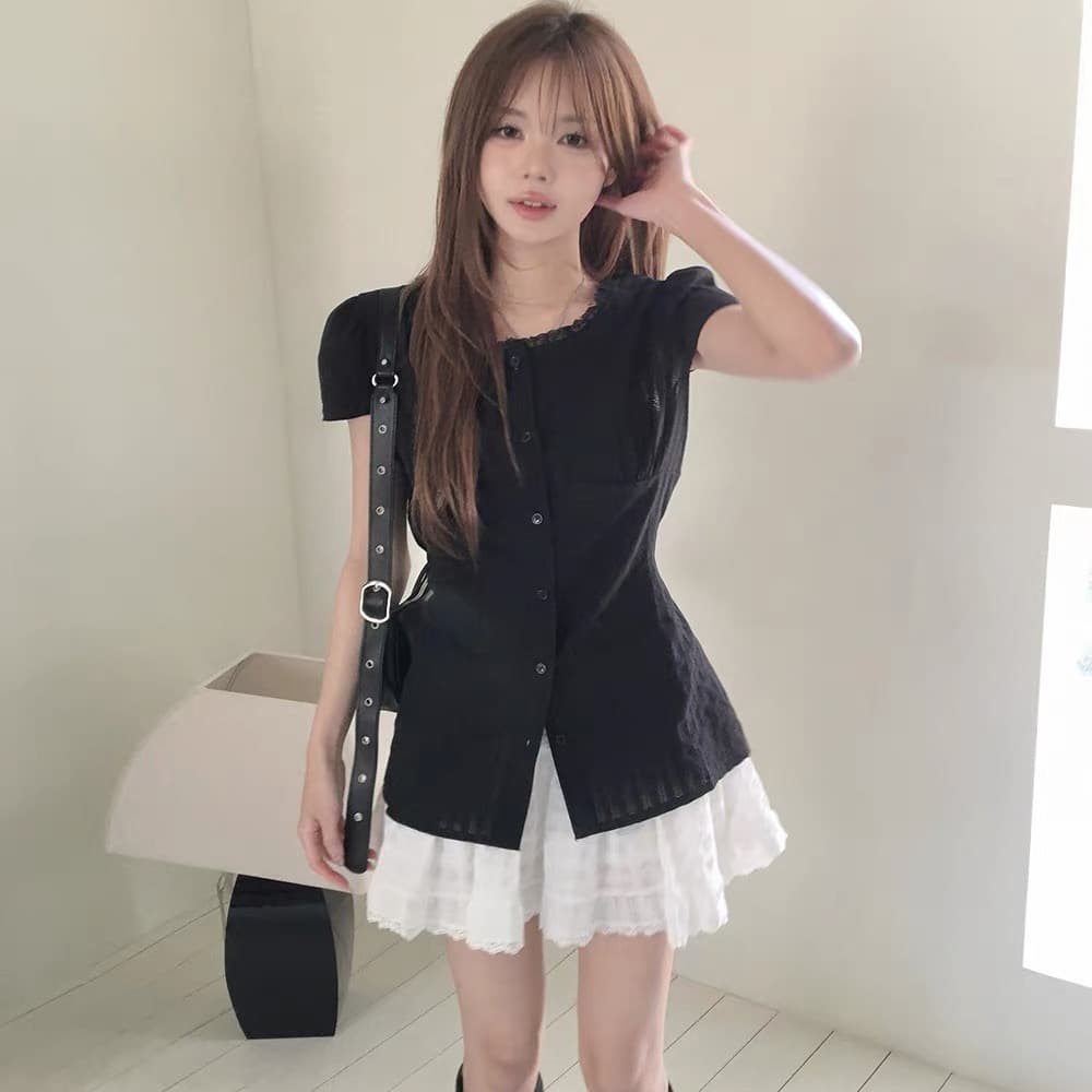 한국 동대문 2026 새로운 한국 chic 여름 분기 별 칼라 여성 셔츠 레이스업 허리 수축 작은 셔츠 맨위 이미지 3