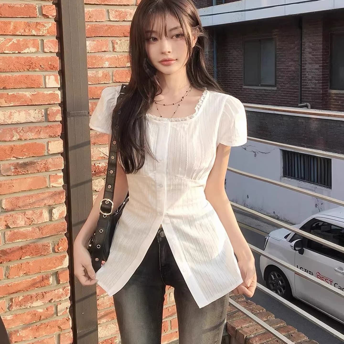 한국 동대문 2026 새로운 한국 chic 여름 분기 별 칼라 여성 셔츠 레이스업 허리 수축 작은 셔츠 맨위 상세 이미지 1
