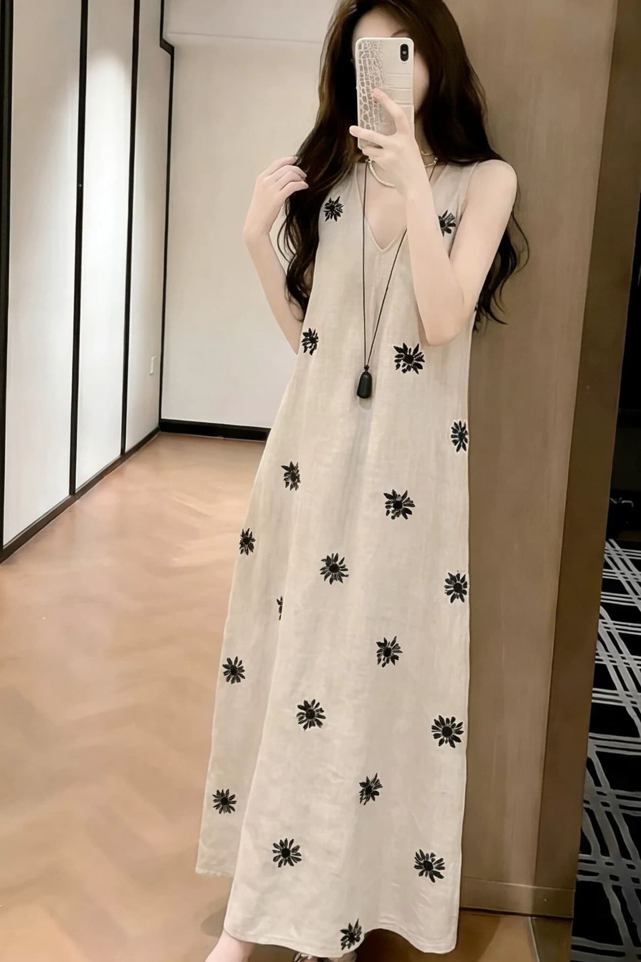 한 부서 느긋한 바람 여성 드레스 여름 2026 새로운 프린트 미니멀리즘 민소매 조끼 스커트 여성 슬림해 보이는 롱 스커트 이미지 4