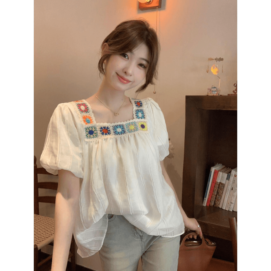 빅 사이즈 프랑스식 광장 칼라 반팔 여성 셔츠 디자인 센스 달콤함 여름 지방 mm 표지 배 슬림해 보이는 인형 셔츠 맨위