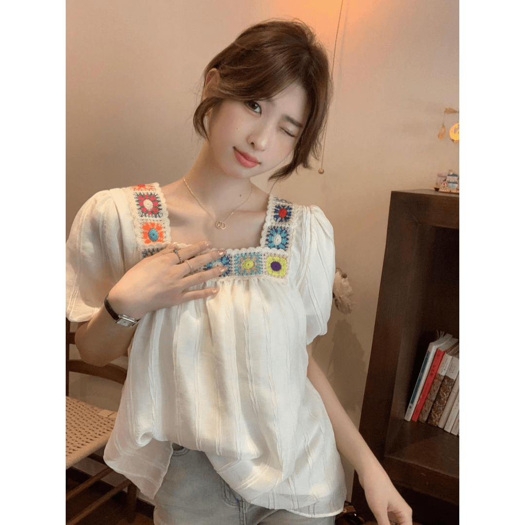 빅 사이즈 프랑스식 광장 칼라 반팔 여성 셔츠 디자인 센스 달콤함 여름 지방 mm 표지 배 슬림해 보이는 인형 셔츠 맨위 이미지 5