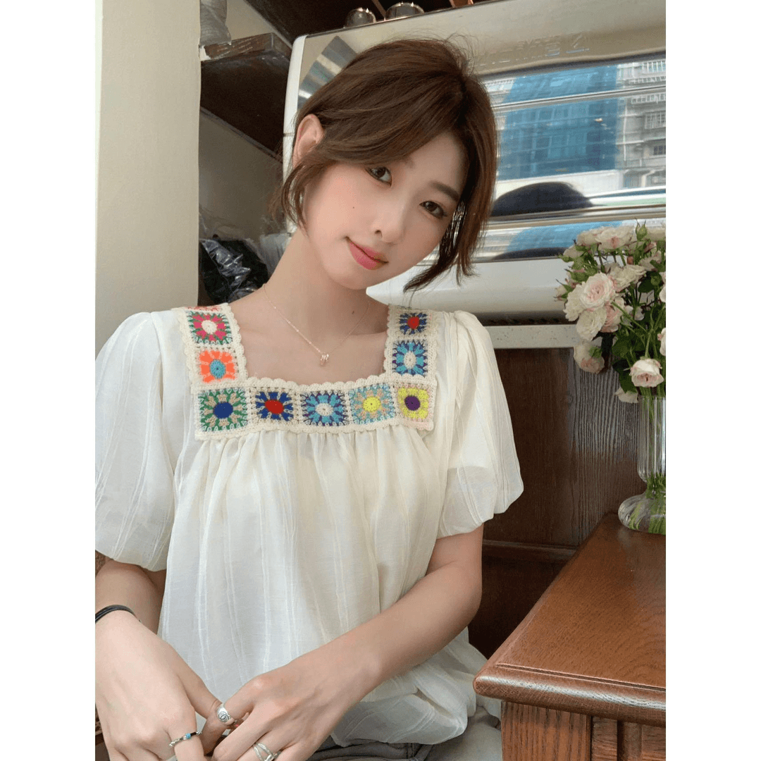빅 사이즈 프랑스식 광장 칼라 반팔 여성 셔츠 디자인 센스 달콤함 여름 지방 mm 표지 배 슬림해 보이는 인형 셔츠 맨위 상세 이미지 4