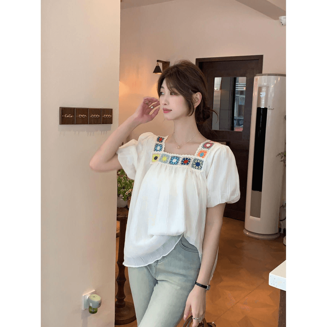 빅 사이즈 프랑스식 광장 칼라 반팔 여성 셔츠 디자인 센스 달콤함 여름 지방 mm 표지 배 슬림해 보이는 인형 셔츠 맨위 상세 이미지 5