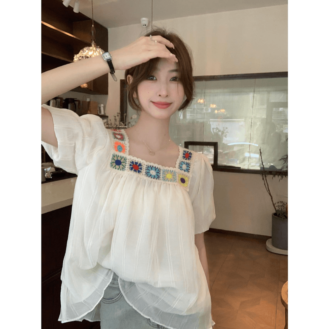 빅 사이즈 프랑스식 광장 칼라 반팔 여성 셔츠 디자인 센스 달콤함 여름 지방 mm 표지 배 슬림해 보이는 인형 셔츠 맨위 상세 이미지 6