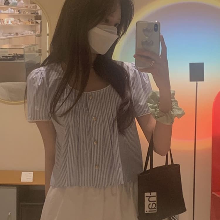 한 부서 부드러운 달콤함 소녀 파란색 스트라이프 레이스 패치워크 셔츠 이미지 4