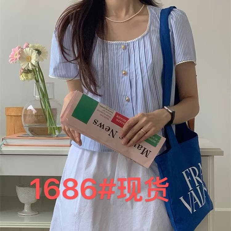 한 부서 부드러운 달콤함 소녀 파란색 스트라이프 레이스 패치워크 셔츠