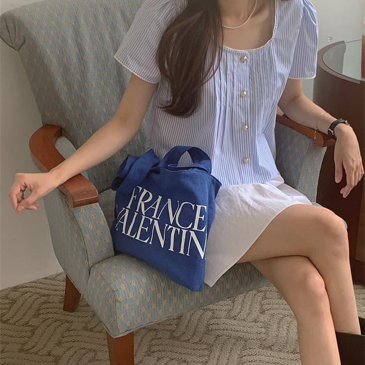 한 부서 부드러운 달콤함 소녀 파란색 스트라이프 레이스 패치워크 셔츠 상세 이미지 2