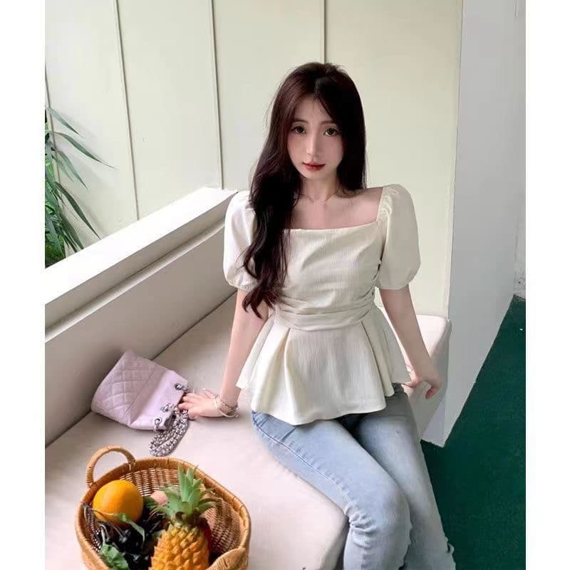 여름 프랑스식 품격 허리 수축 버블 광장 칼라 맨위 빅 사이즈 mm 마이크로 지방 표지 고기 연령 감소 쇼트 스타일 맨위