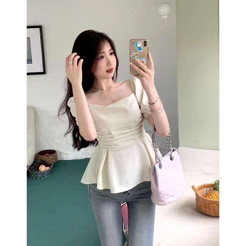 여름 프랑스식 품격 허리 수축 버블 광장 칼라 맨위 빅 사이즈 mm 마이크로 지방 표지 고기 연령 감소 쇼트 스타일 맨위 이미지 5