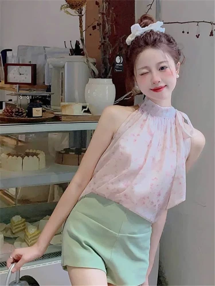 여름 Chic 핑크색 꽃무늬 조끼 셔츠 프랑스식 레트로 품격 달콤한 매운맛 오프숄더 바다 측면 민소매 가짜 맨위 상세 이미지 3