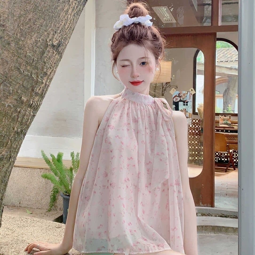 여름 Chic 핑크색 꽃무늬 조끼 셔츠 프랑스식 레트로 품격 달콤한 매운맛 오프숄더 바다 측면 민소매 가짜 맨위 상세 이미지 6