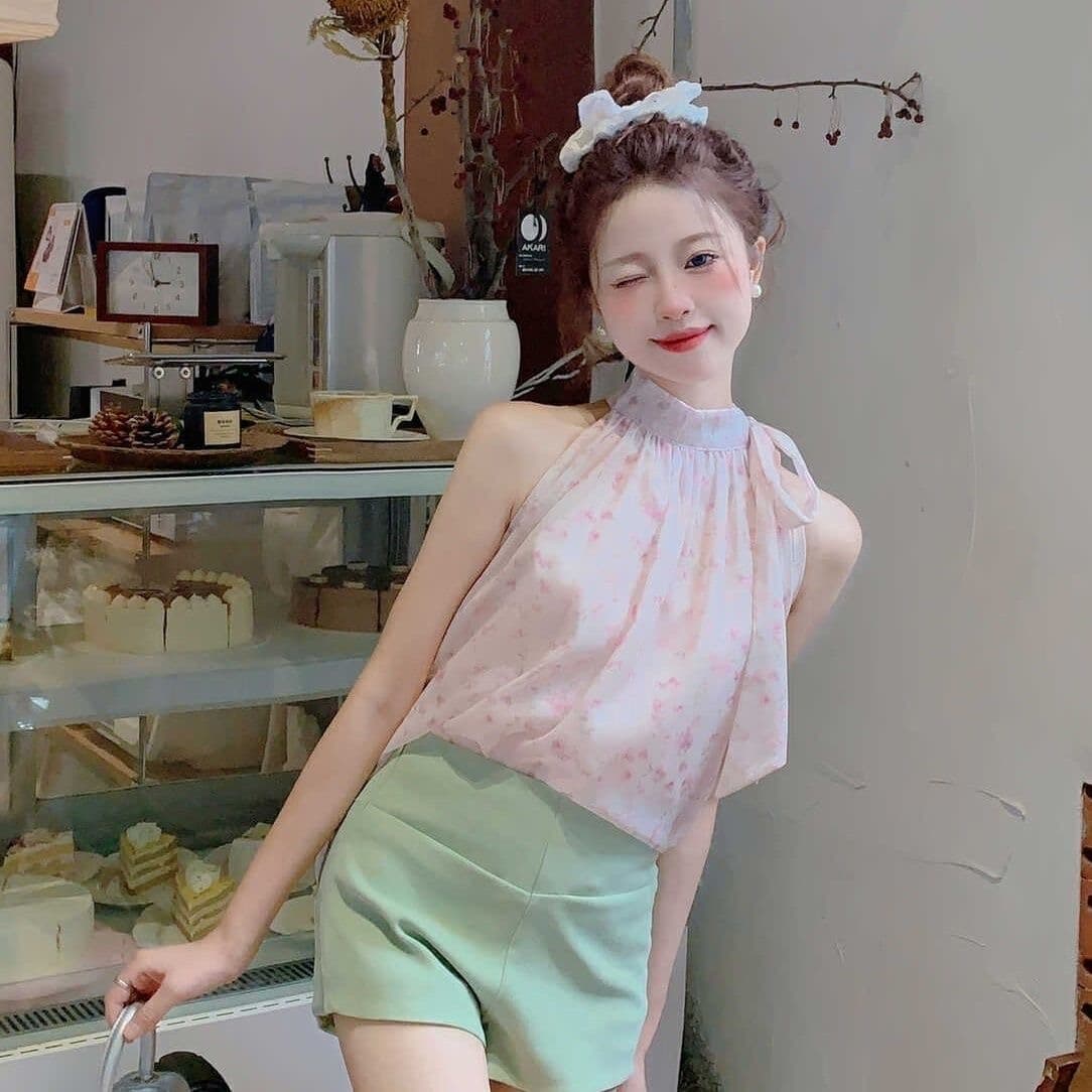 여름 Chic 핑크색 꽃무늬 조끼 셔츠 프랑스식 레트로 품격 달콤한 매운맛 오프숄더 바다 측면 민소매 가짜 맨위 상세 이미지 9