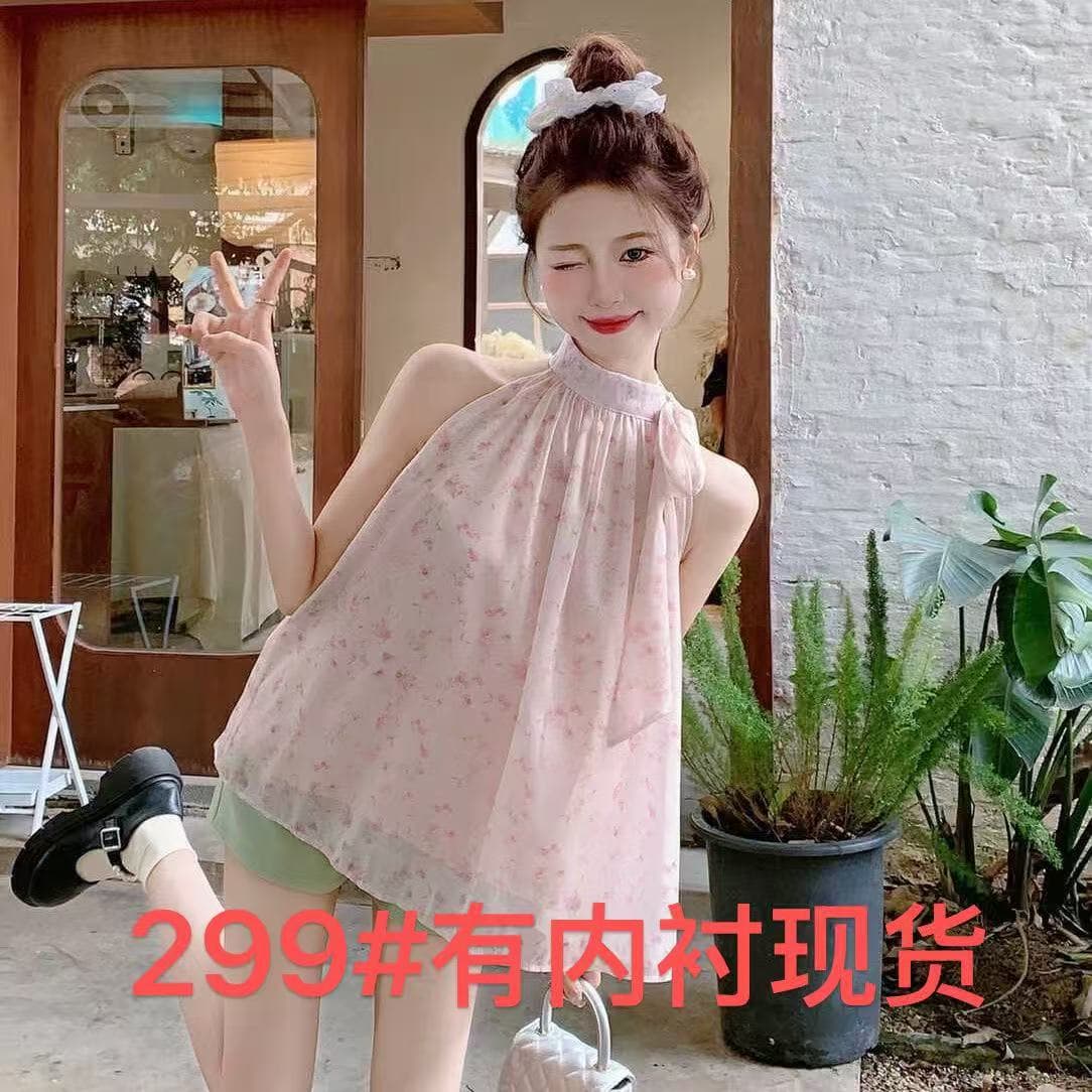 원본 쉬폰 원단 있음 네리 셔츠 프랑스식 레트로 품격 달콤한 매운맛 오프숄더 바다 측면 민소매 가짜 맨위