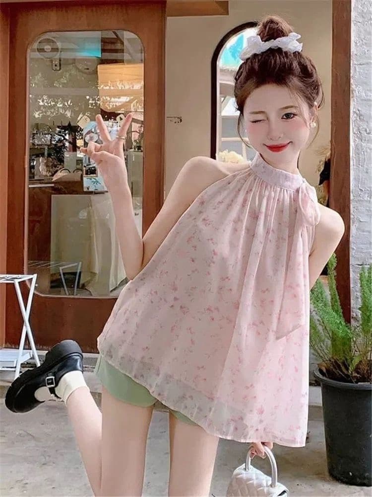 원본 쉬폰 원단 있음 네리 셔츠 프랑스식 레트로 품격 달콤한 매운맛 오프숄더 바다 측면 민소매 가짜 맨위 이미지 4
